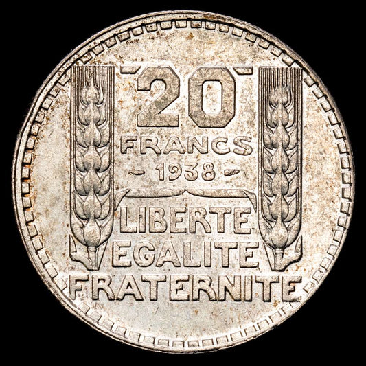 República de Francia. 20 Francs. (20.04 g.). 1938. KM-879. XF+. Brillo original.