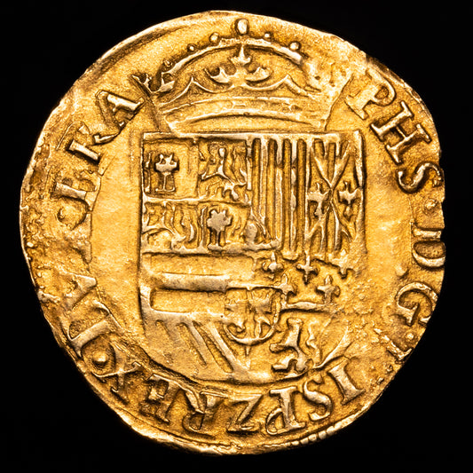 Brabante – Felipe II. 1/2 Real de oro. (3,41 g.). Amberes. S/F. VIT-1383. EBC-. Escasa. Marca de ceca en anverso.