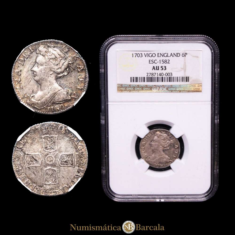 Gran Bretaña – Ana. Escudo (6 Pence). Vigo. 1703. Encapsulado por NGC AU53.