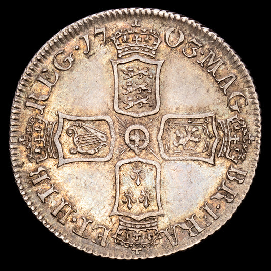 Gran Bretaña – Ana. Chelin. (5,99 g.). Vigo. 1703. SPINK-3586. MBC+. Escaso. Buen tono.