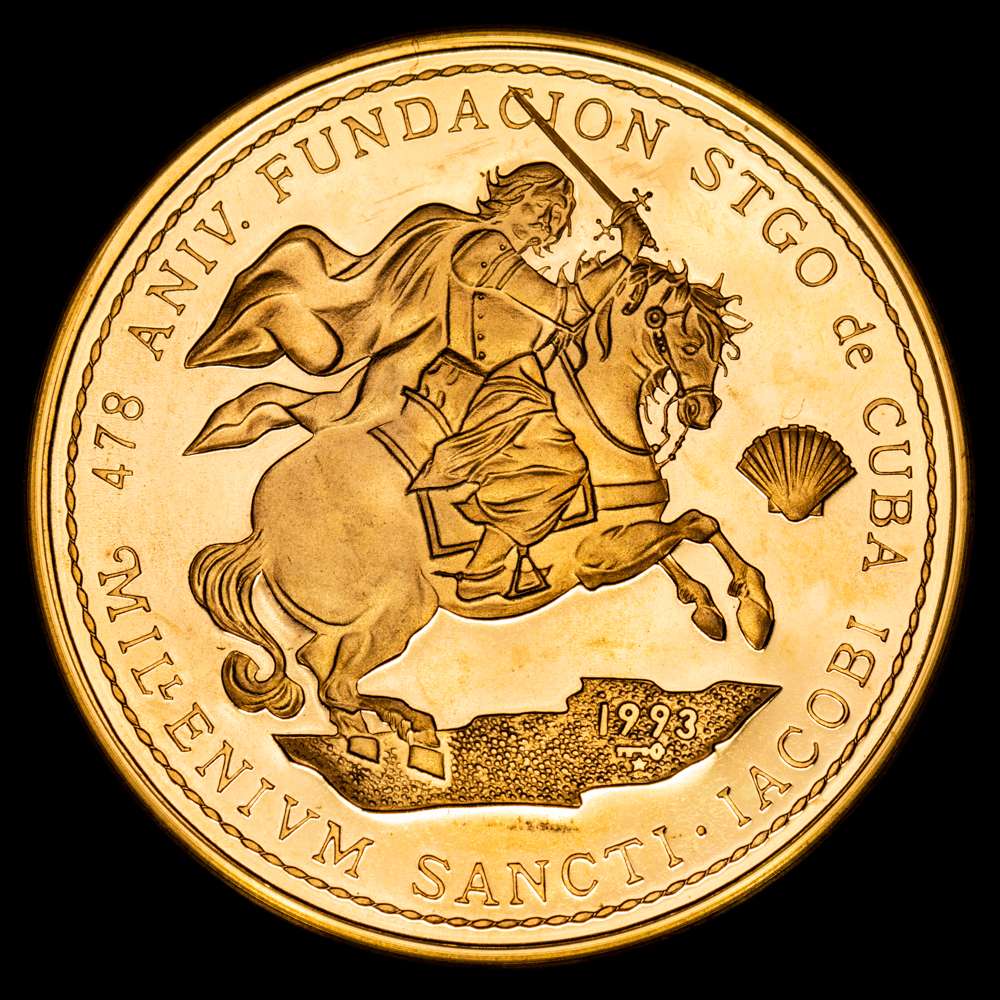 Cuba 1993. 100 pesos (km#538). (31,09 g. AU).PROOF. Prueba. 1 onza . Acuñada para conmemorar el 478 aniversario de la fundación de Santiago de Cuba. Tirada: 100 piezas. Muy rara.