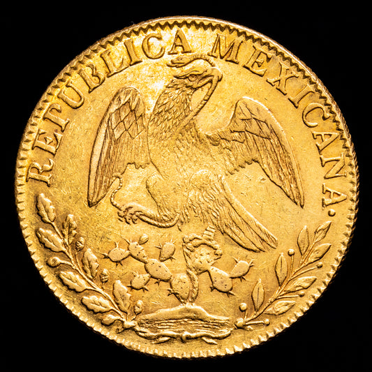 República de México. 8 Escudos. (26,76 g.). Guanajuato. 1849. Ensayador P·F. KM-383.7. MBC+. Restos de brillo original.
