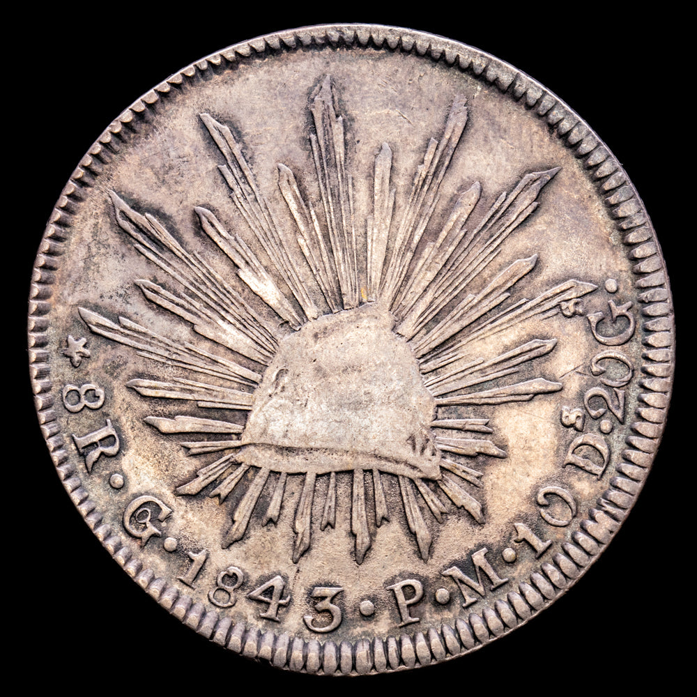 México. 8 Reales. (26,94 g.). Guanajuato. 1843. Ensayador P·M. KM-377.8. MBC+. Bella pátina.