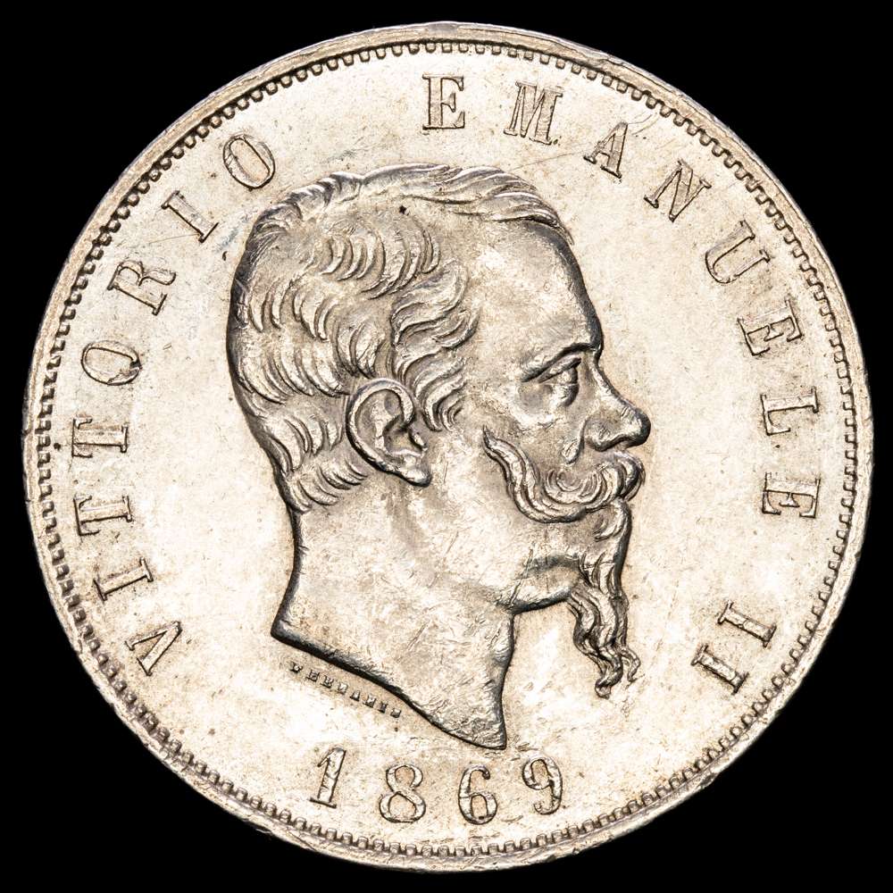 Italia – Vitorio Emanuel. 5 Liras. (25,1g.). Milano. 1869. KM-8.3. XF+.