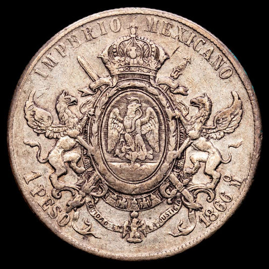 México – Maximiliano I. Un Peso. (26,71 g.). México. 1866. KM-388.1. MBC+.