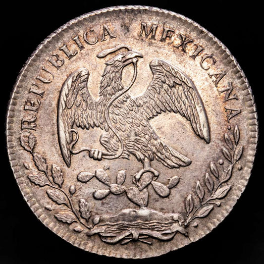 México. 8 Reales. (27,13 g.). Chihuahua. 1881. M·G. KM-377,2. EBC. Atractiva. Preciosa pátina