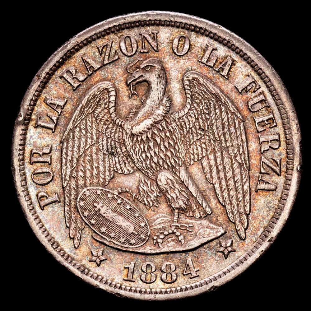Chile. 1 Peso. (25,01 g.). Santiago de Chile. 1884. KM-142,1. XF. Tono.