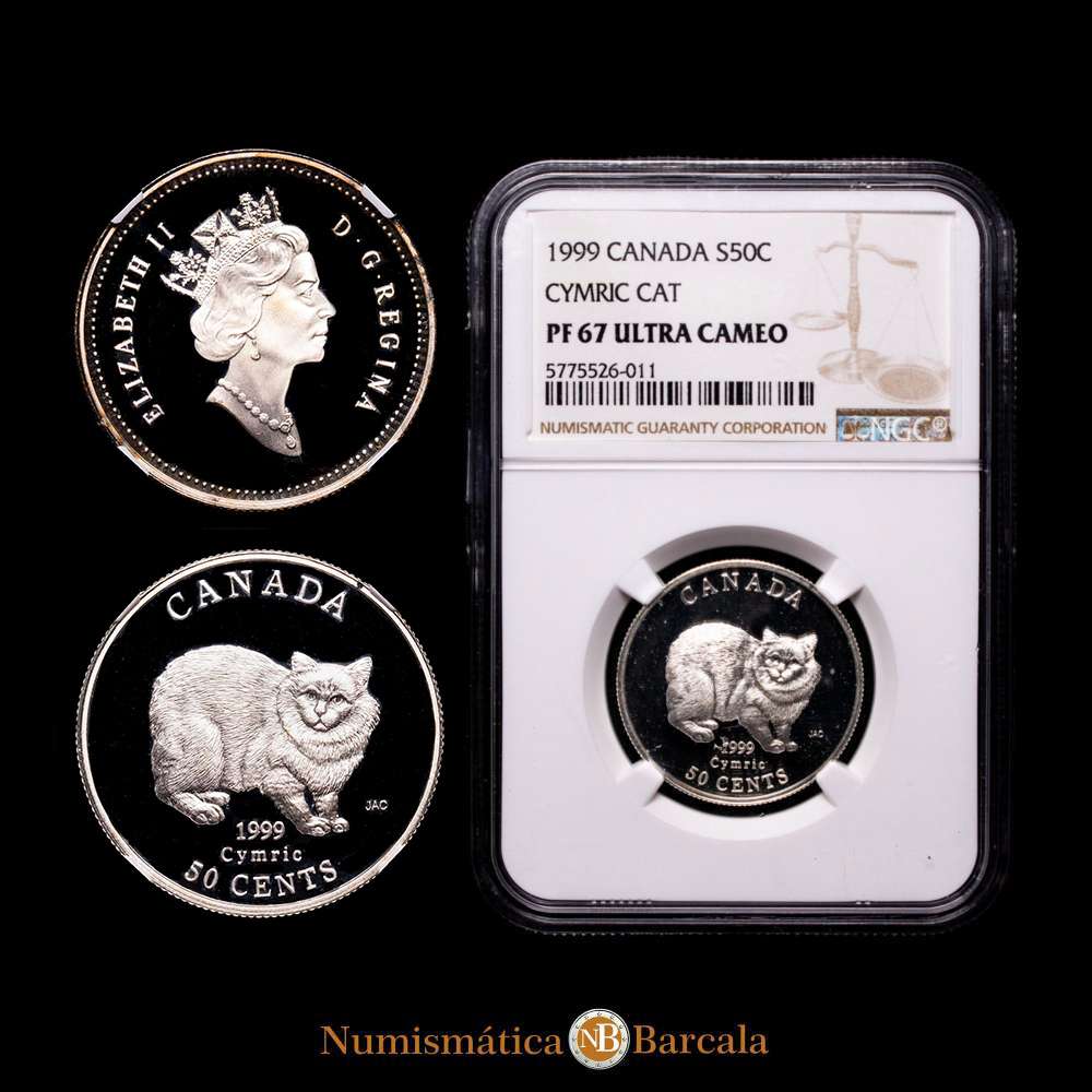 CANADÁ: Moneda de 50 centavos (1999) en plata (0,925) con la cabeza de la reina Isabel II mirando hacia la derecha. Gato Cymric en el reverso. Placa interior de NGC “PF 67 ULTRA CAMEO”.
