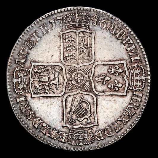 Gran Bretaña – George II. 1/2 Crown. (15,02 g.). Lima. 1746. KM-584.3. MBC+. Decimonono en el canto