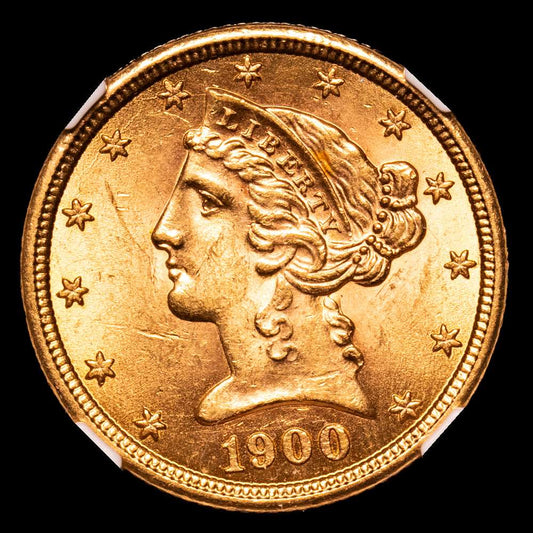 EE. UU., cinco dólares de oro, 1900, cabeza de la Libertad a la izquierda, águila invertida con escudo en el pecho (KM.101), certificada y calificada por NGC como Mint State 62