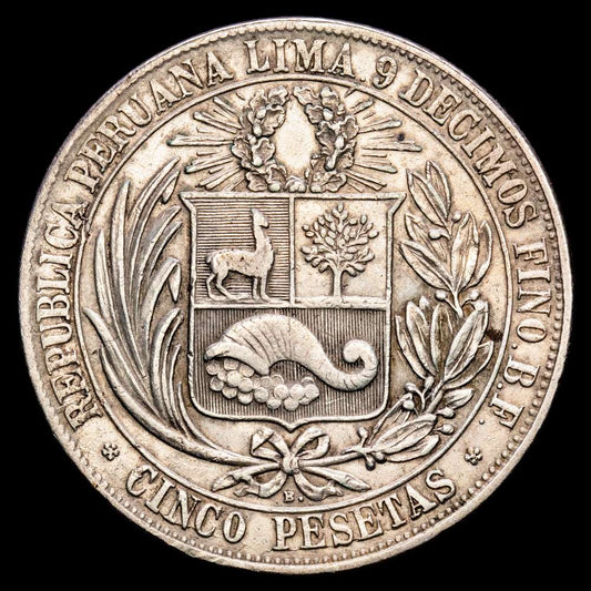 Perú. 5 Pesetas. (24,82 g.). Lima. 1880. Ensayador B·F. KM-201.2. VF+.