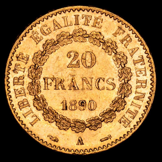 Francia. 20 Francs. (6,49 g.). A-Paris. 1890. KM-825. XF+. Brillo original.