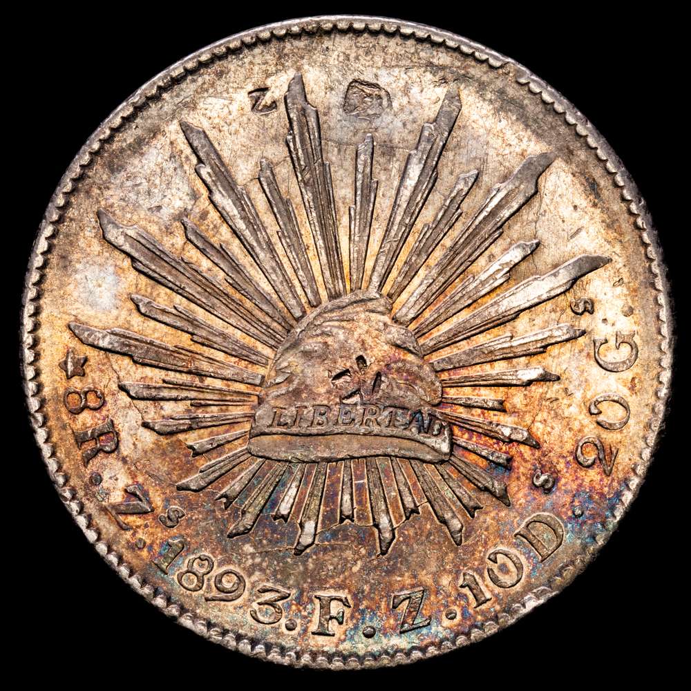 México. 1893. Zs (Zacatecas). FZ. 8 reales. (KM. 377.13). Golpecitos. Pequeños resellos orientales. AG. 26,91 g. Bonita pátina irisada. Precioso ejemplar. EBC-.