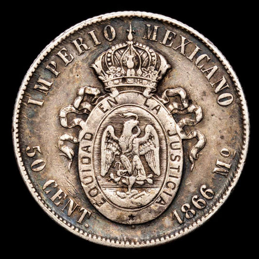 México 50 Centavos 1866 Mo . KM# 387, N# 15044; Plata; Maximiliano I; Casa de la Moneda de México; Tirada 31000 uds.; XF . Patina oscura .
