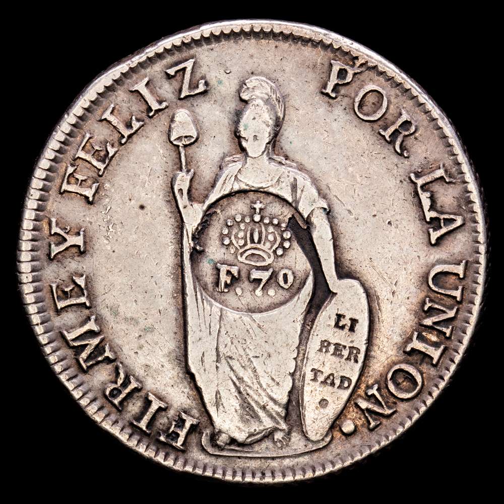 República de Perú. 8 Reales. (27,01 g.). Lima. 1829. Ensayador J·M. KM-142.3. VF+. Resello de Filipinas – F.7.0