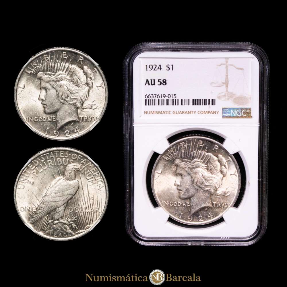 Estados Unidos. 1 Dollar. 1924.”Peace Dollar” . Philadelphia Mint. KM# 150, N# 5580;Encapsulado por NGC AU58.