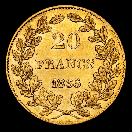 Bélgica – Leopold 1er. 20 Francs. (6,45 g.). Bélgica. 1865. . Bogaert 924A. EBC+. Brillo original