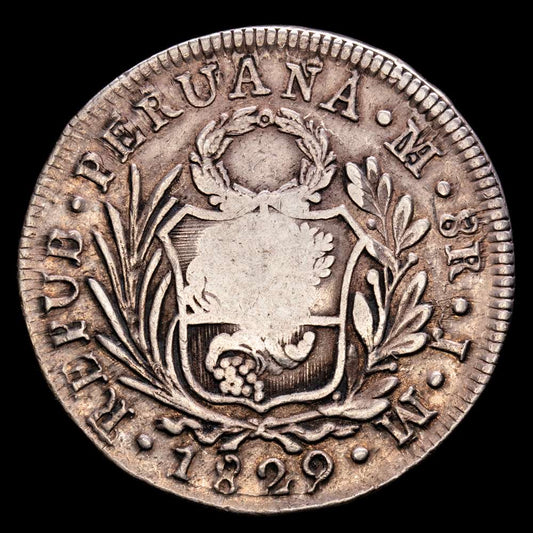 República de Perú. 8 Reales. (27,01 g.). Lima. 1829. Ensayador J·M. KM-142.3. VF+. Resello de Filipinas – F.7.0