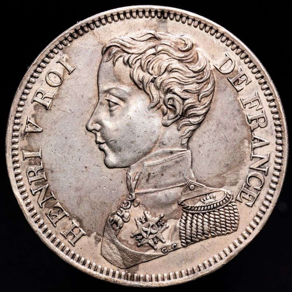 Francia – Enrique V. 5 Francs. (24,63 g.). 1831. KM-35. UNC-. Restos de brillo original. Hermosa pátina.