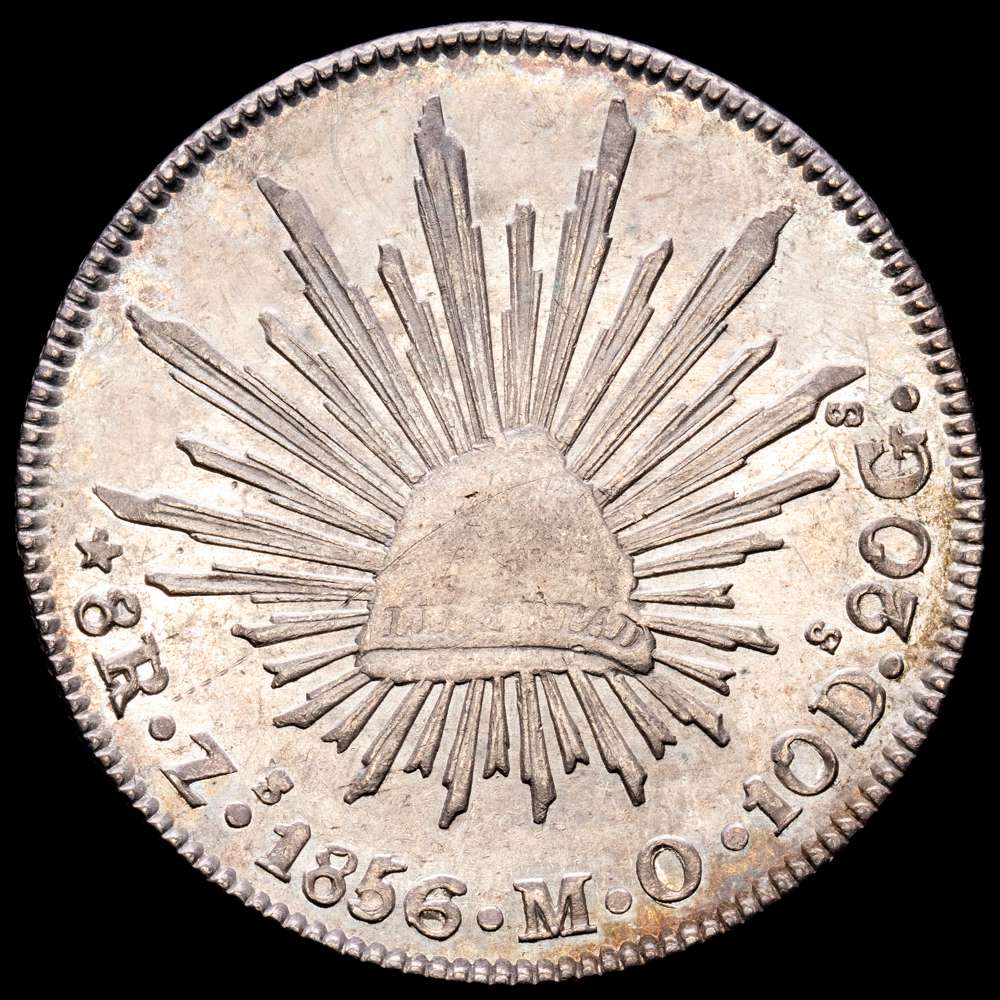 República de México. 8 Reales. (26,94 g.). Zacatecas. 1856. Ensayador M·O. KM-377.13. EBC+. Parte de brillo original.