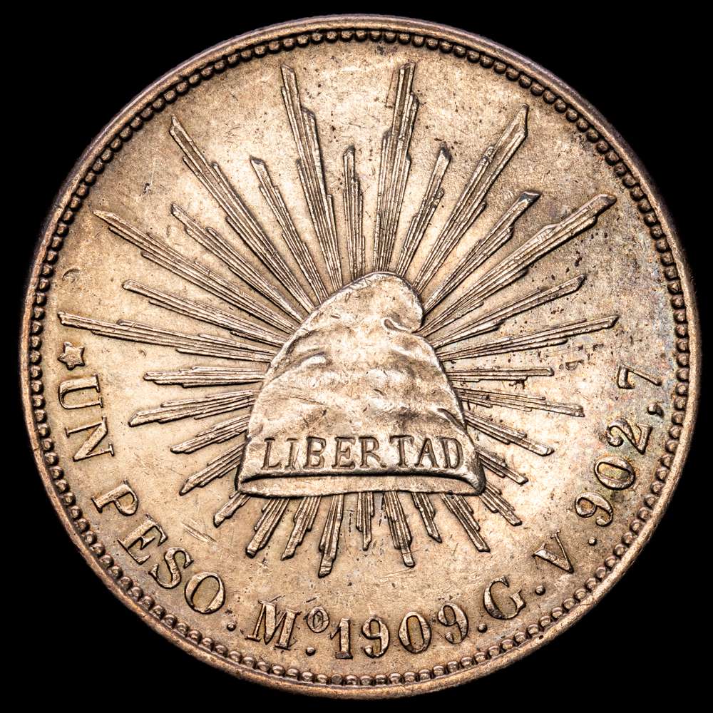 México. 1 pesito. 1909. México. GV. (Km-409,2). Ag. 27,16 gramos. Restos de brillo original. Ligera pátina. UNC-.