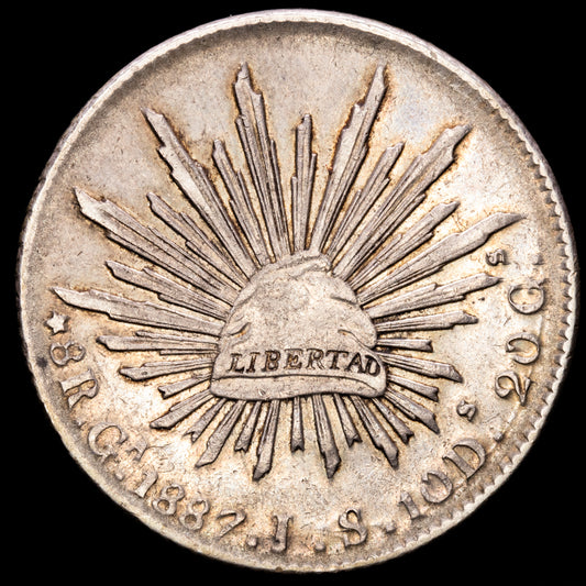 Republica Mexicana. 8 Reales. (27,02g.). G.ª Guadalajara. 1887. Ensayador J.S. KM-377.6. VF+.