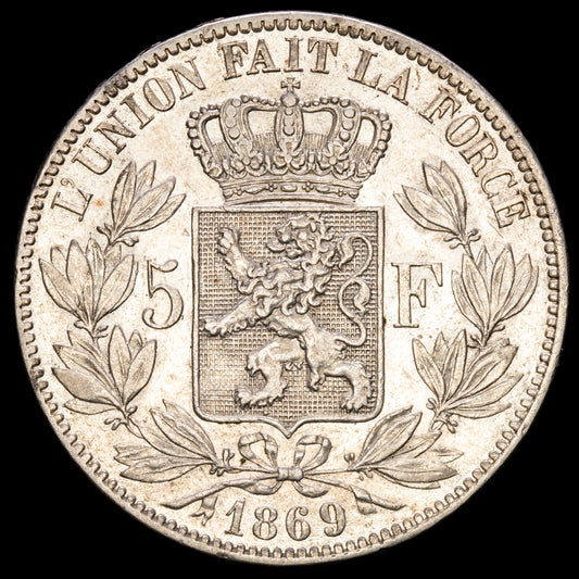Bélgica – Leopold II. 5 Francs. (25,02g.). 1869. KM-24. MBC+.
