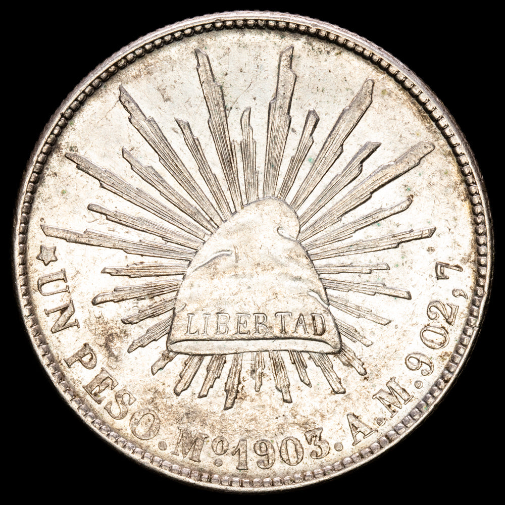 México. 1 Peso. (27,06g.). M. 1903. Ensayador A·M·. KM-409.2. . XF+.