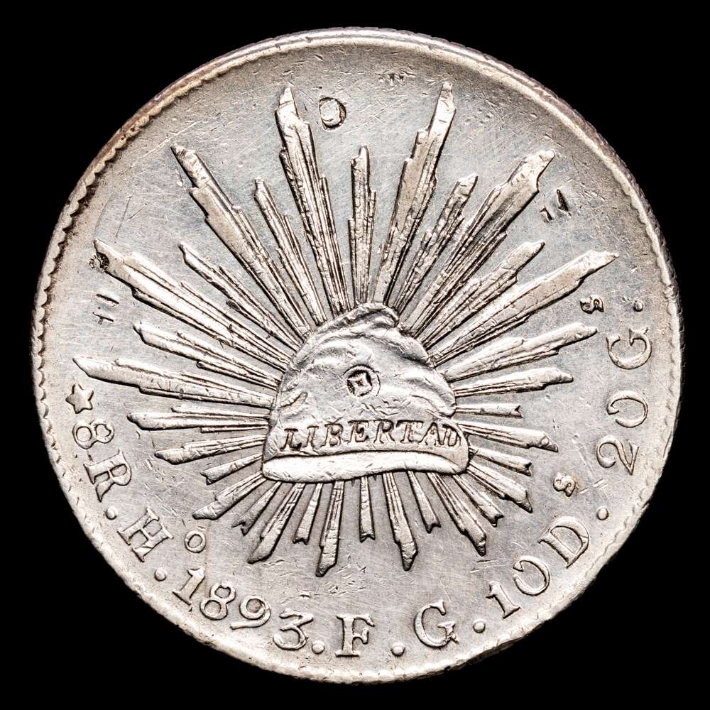 México. 8 Reales. (27,17 g.). Hermosillo. 1893. F·G. KM-377,9. EBC-. Algunos resellos orientales. Limpiada