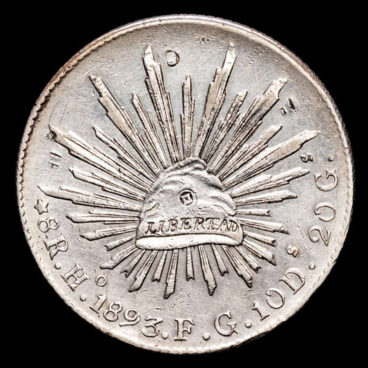 México. 8 Reales. (27,17 g.). Hermosillo. 1893. F·G. KM-377,9. EBC-. Algunos resellos orientales. Limpiada