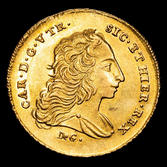 Reino de Nápoles – 1749. Carlos III. Nápoles. DeG/M-M/R. 6 ducados. (8,86 g.).(Vti. 120) (MIR. 331). Muy bella. Brillo original. Rara así. S/C-.