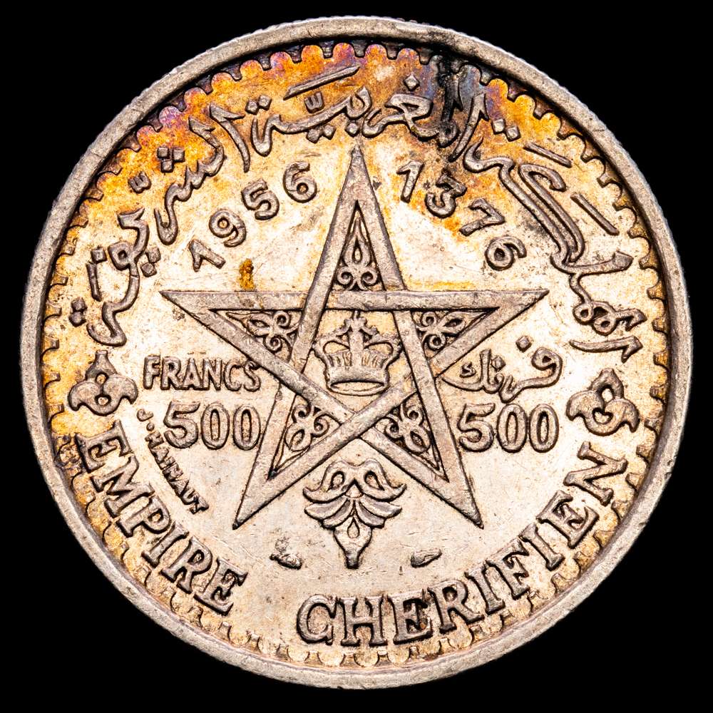 Marruecos – Mohamad V. 500 Francs. (22,51 g.). 1956 (1376AH). KM-Y-54. XF. Bella pátina
