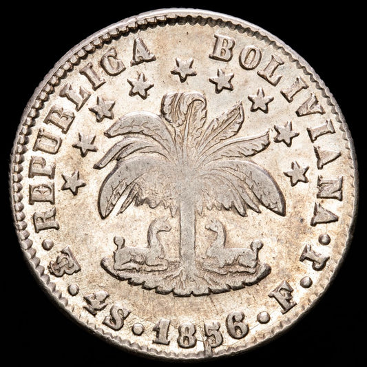 Bolivia. 4 Soles. (13,49 g.). Potosí. 1856. Ensayador F·J. KM-123.3. XF+. Restos de brillo original