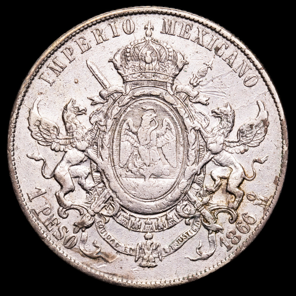 México – Maximilian I. 1 Peso. (27,01 g.). México. 1866. KM-139. MBC+.