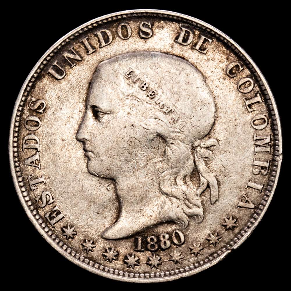 Colombia. 5 Décimos. (12,35 g.). Medellín. 1880. KM-161-1. VF. Escasa. Golpecitos.