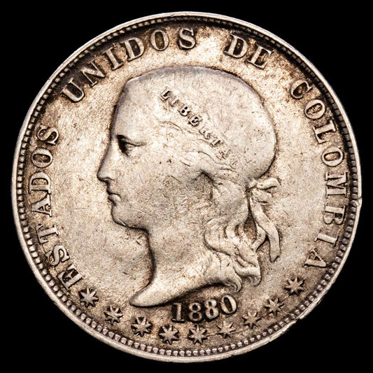 Colombia. 5 Décimos. (12,35 g.). Medellín. 1880. KM-161-1. VF. Escasa. Golpecitos.