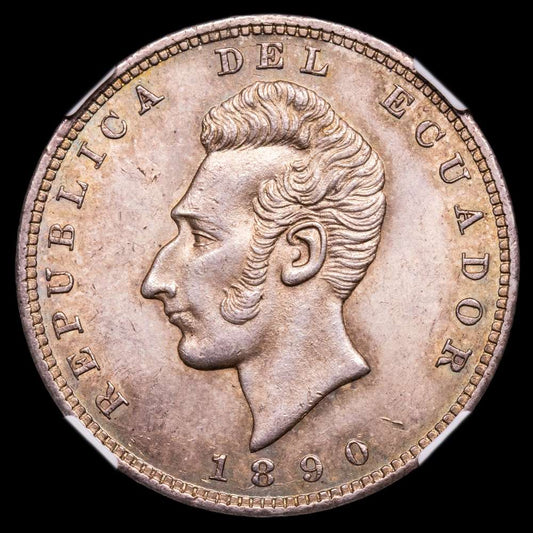 ECUADOR, República. AR Sucre. Ceca de Lima. Fechado 1890 TF. KM 53,3; Y 31. Encapsulado por NGC con calificación MS 63.