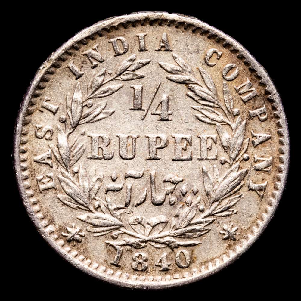 India Británica. 1/4 Rupia. (2,915 g.). 1840. KM-454,2. VF. Restos de montaje