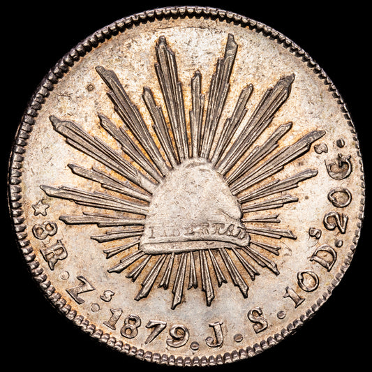 República de México. 8 Reales. (27,01 g.). Zacatecas. 1879. Ensayador J·J. KM-377.13. MBC+. Restos de brillo original.