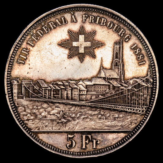 Suiza. 5 Francs. (25,06 g.). Fribourg. 1881. KM-515. EBC+. Restos de brillo original. Infimas rayitas de limpieza