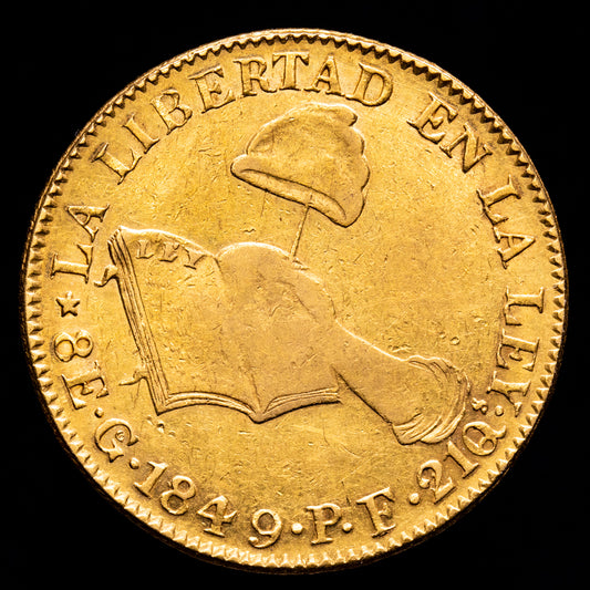 República de México. 8 Escudos. (26,76 g.). Guanajuato. 1849. Ensayador P·F. KM-383.7. MBC+. Restos de brillo original.