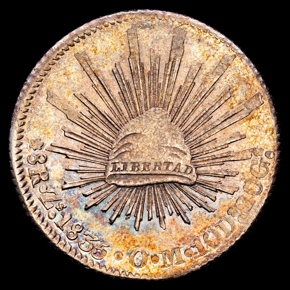 México. 1835. Zs (Zacatecas). O·M. 8 reales. (28/11 gramos). (KM. 377). Bonita pátina irisada  y brillo de menta.  Precioso ejemplar. UNC.