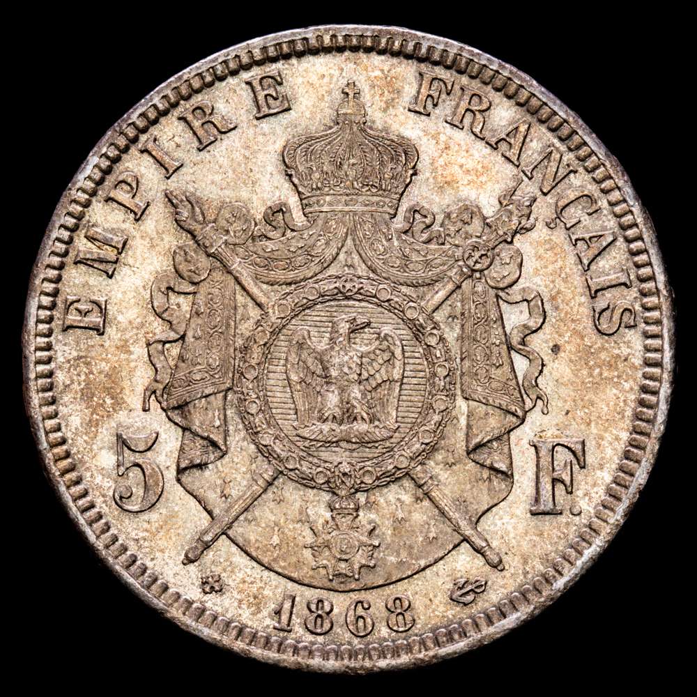 Francia – Napoleon III. 5 Francs. (24,87 g.). Estrasburgo. 1868. Ensayador BB. KM-799.2. XF+. Pátina de monetario antiguo