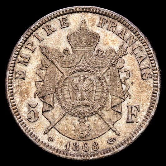 Francia – Napoleon III. 5 Francs. (24,87 g.). Estrasburgo. 1868. Ensayador BB. KM-799.2. XF+. Pátina de monetario antiguo
