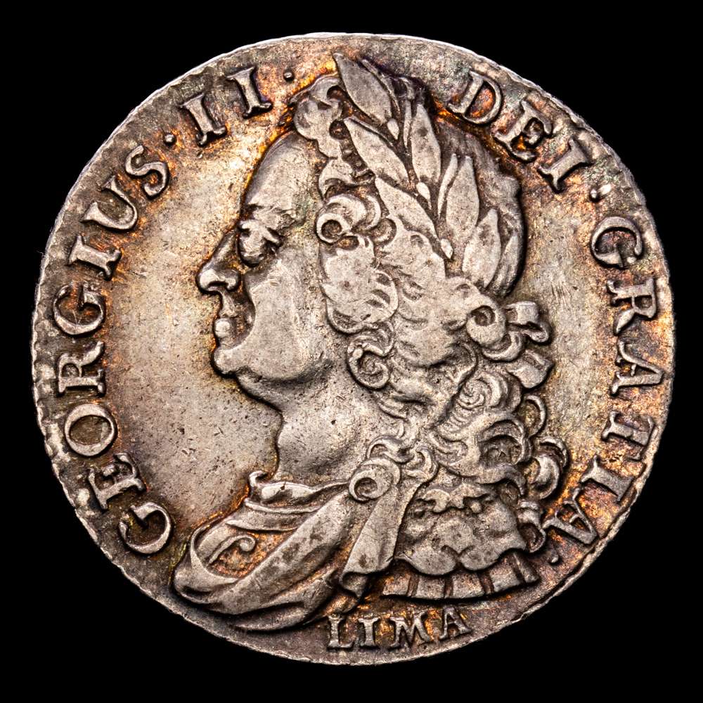 Gran Bretaña – George II. 1 Shilling. (5,98 g.). Lima. 1745. Spink-3703. XF. Bella pátina irisada.