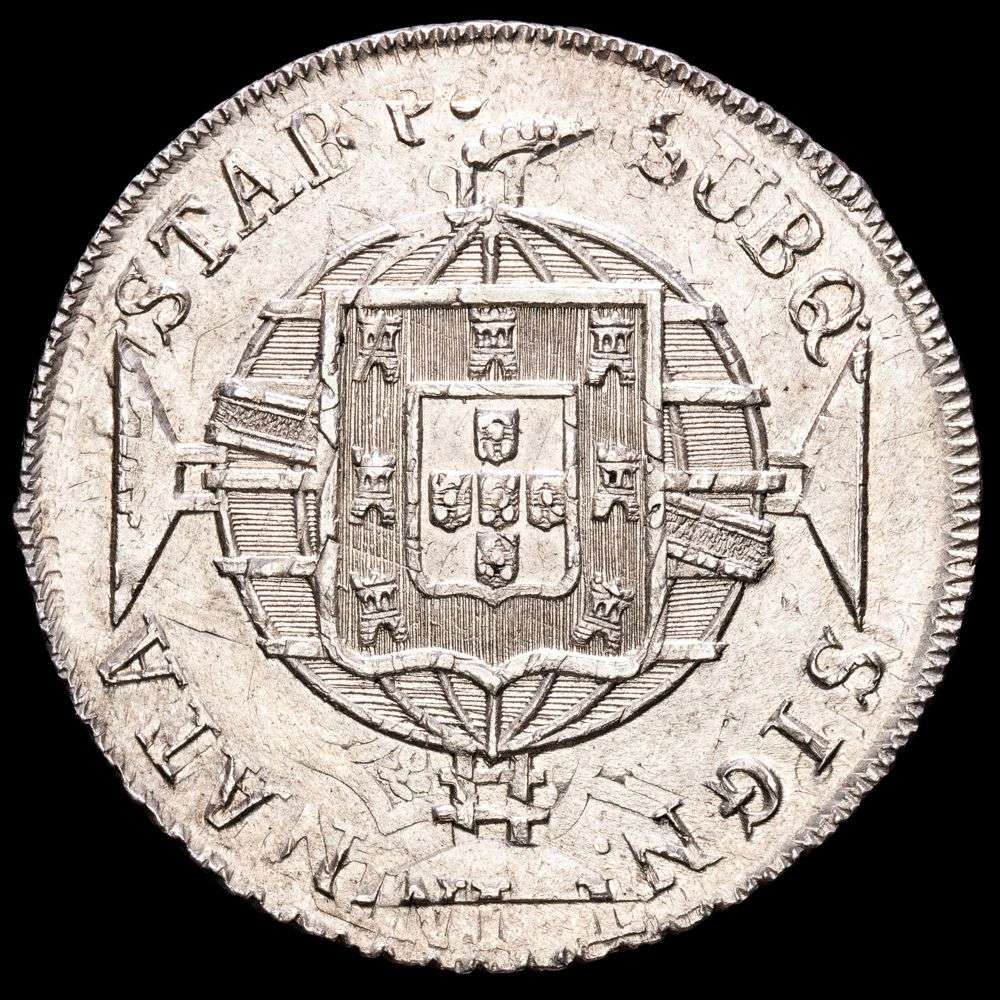 Brasil. Joannes VI. (26,86 g.). Rio. 1820. KM-326.1. XF. Acuñada sobre un 8 Reales de Lima J.P. 1819 .