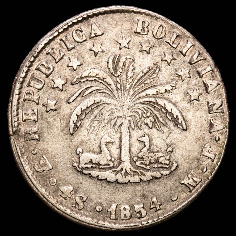 Bolivia. 4 Soles. (13,43 g.). Potosí. 1854. Ensayador M·F. KM-123.2. VF+.