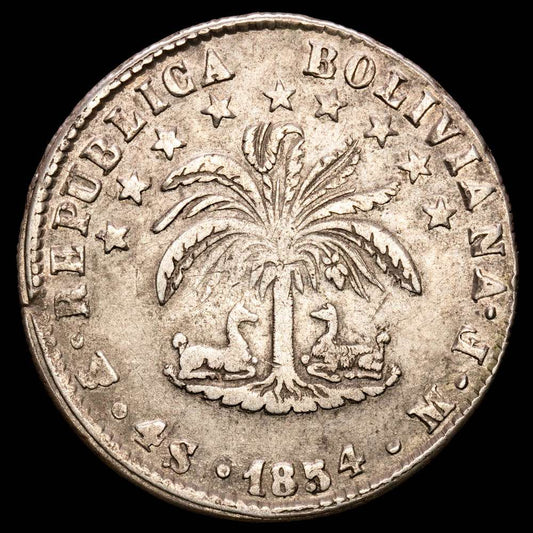 Bolivia. 4 Soles. (13,43 g.). Potosí. 1854. Ensayador M·F. KM-123.2. VF+.