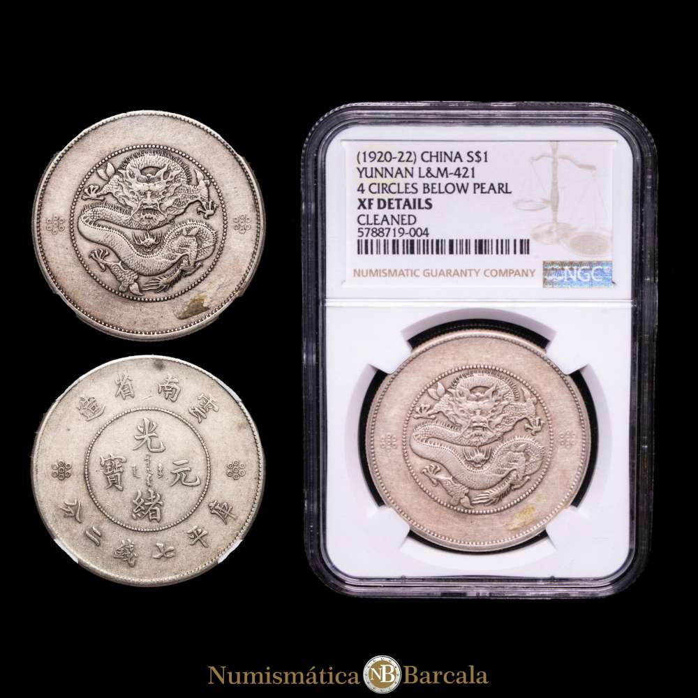 China. 1 Dollar. ( g.). Yunnan. (1920-22). LyM-421. 4 circles below pearl. Encapsulado por NGC XF Details Cleaned.