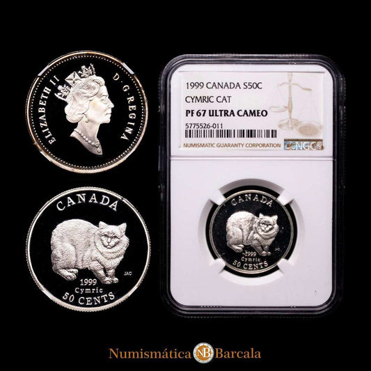 CANADÁ: Moneda de 50 centavos (1999) en plata (0,925) con la cabeza de la reina Isabel II mirando hacia la derecha. Gato Cymric en el reverso. Placa interior de NGC “PF 67 ULTRA CAMEO”.